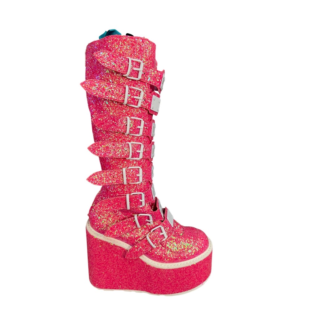 Demonia Swing-815 Pink Glitter Platform Buckle Boots Mens 10 Womens 10 Goth Rave